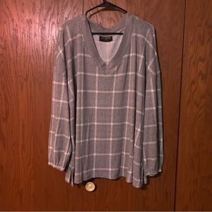 Gray Plaid Textured V-Neck Top